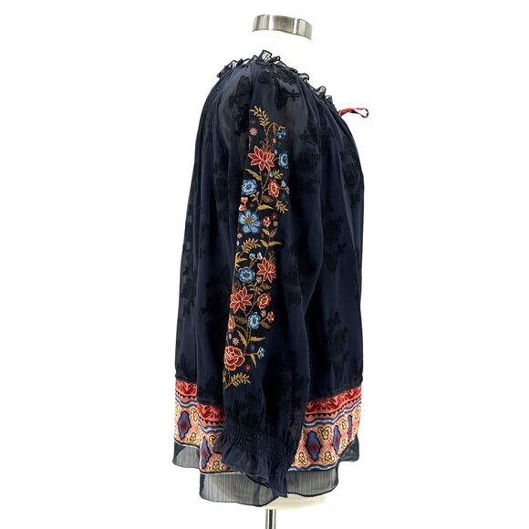 John Mark Womens Large Top Tunic Peasant Embroidered Floral Boho Beaded Tie Navy - Picture 6 of 10